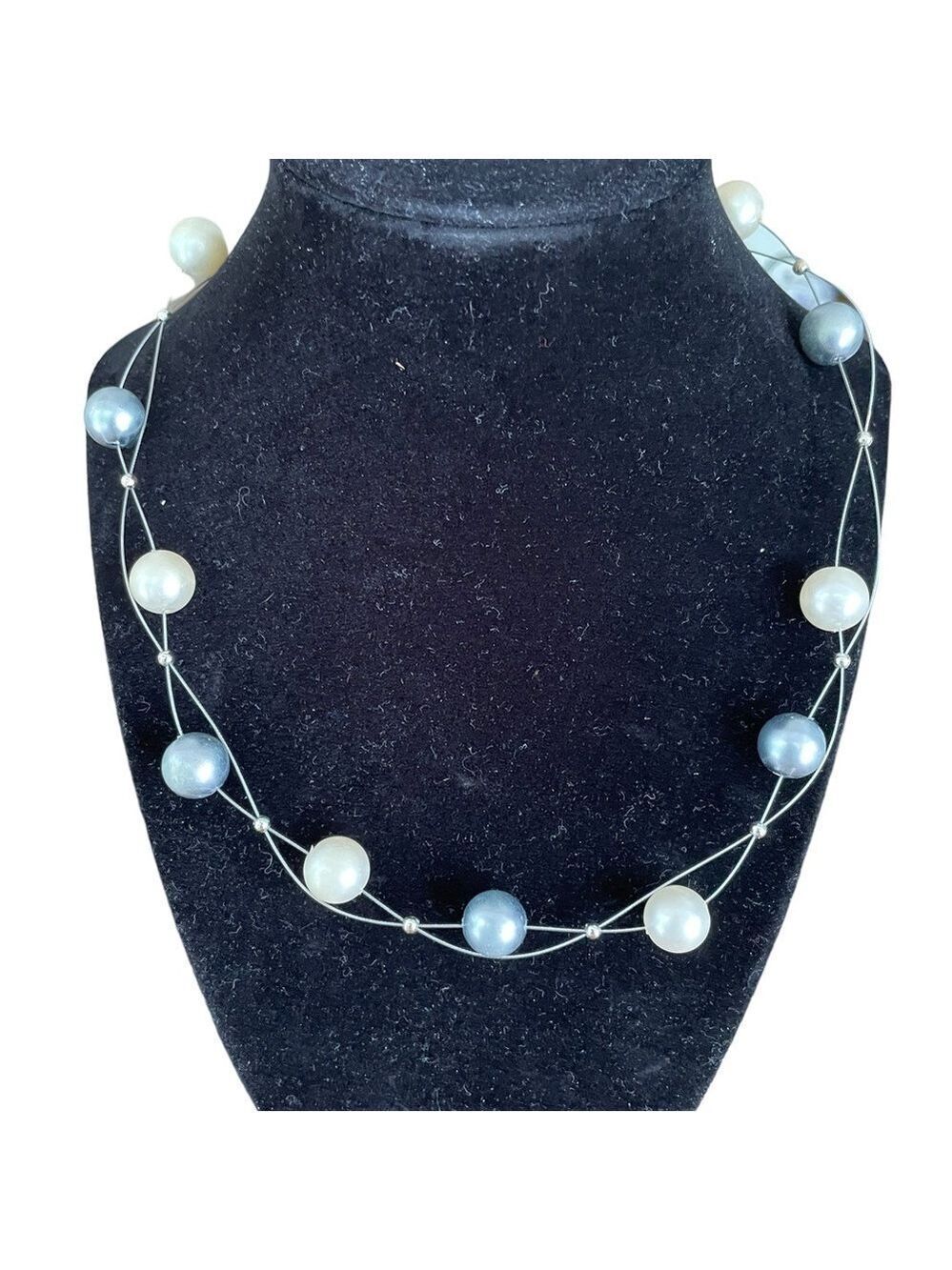 Necklace, Delicate Pearl and Bead Strands, 18”, Large Ivory & Grey Pearl Classic
